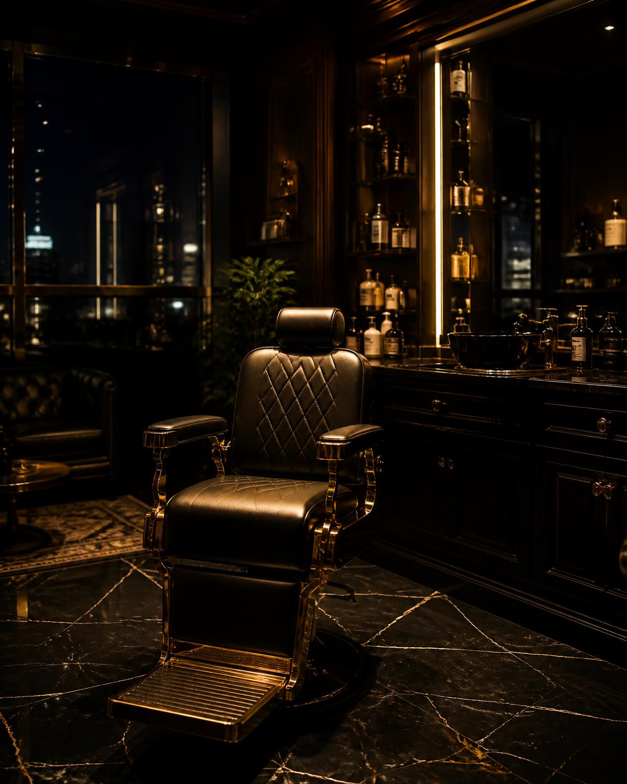 Luxury barbershop interior with gold accents